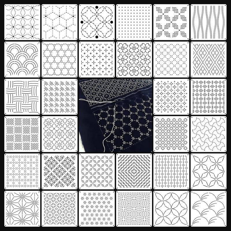 JDRGJTH 32 PCS Sashiko Stencil Kit, 5.1 x 5.1 Inch Plastic Geometric Sashiko Pattern Template Drawing Line Embroidery Pattern for Sewing Hand Quilting and Embroidery - Image 1